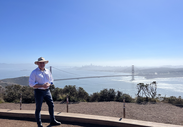Tim at Marin Headlands overlooking San Francisco Bay and the Golden Gate Bridge, California.