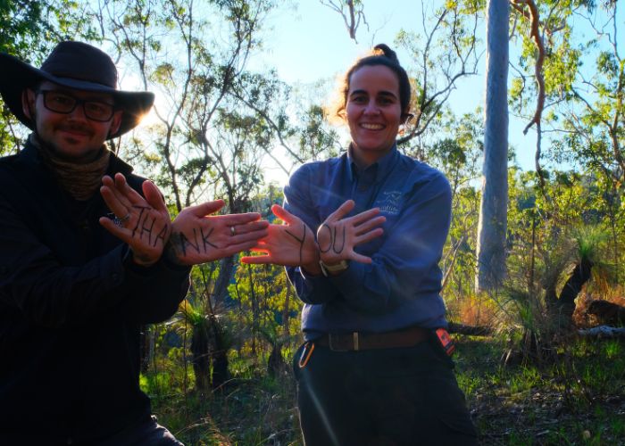 AWC's Oli Aylen and Rhiannon Khoury give their thanks to Carey Baptist Grammar School students for visiting Mount Zero-Taravale Wildlife Sanctuary.