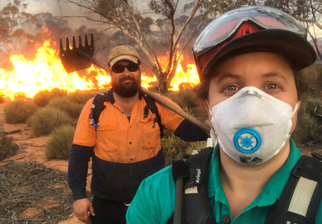 Flic, with current Mount Zero-Taravale (and formerly Scotia) Sanctuary Manager Josh ‘Macca’ McAllister, undertaking fire management at Scotia Wildlife Sanctuary, New South Wales, in 2019. 