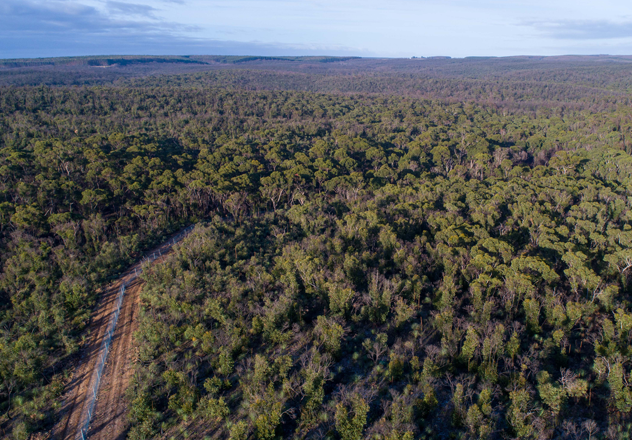 An aerial view of the Western River Refuge on Kangaroo Island, South Australia. Established following destructive bushfires in 2020, the project includes a 369-hectare fenced feral predator-free safe haven which protects a suite of endemic and endangered wildlife. 